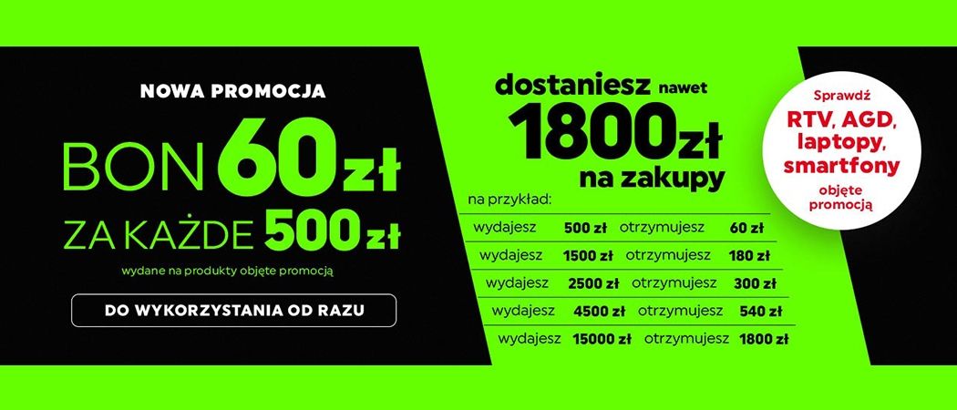 Kup wybrany sprzęt i odbierz bon o wartości 60 zł za każde wydane 500 zł w promocji Neonet!