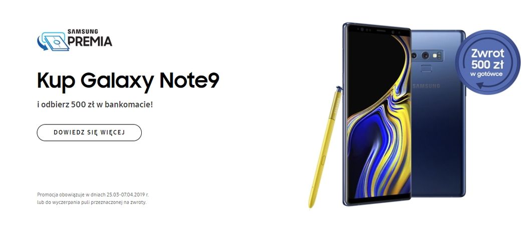 Promocja SAMSUNG - kup Galaxy Note9 i odbierz 500 zł w bankomacie!