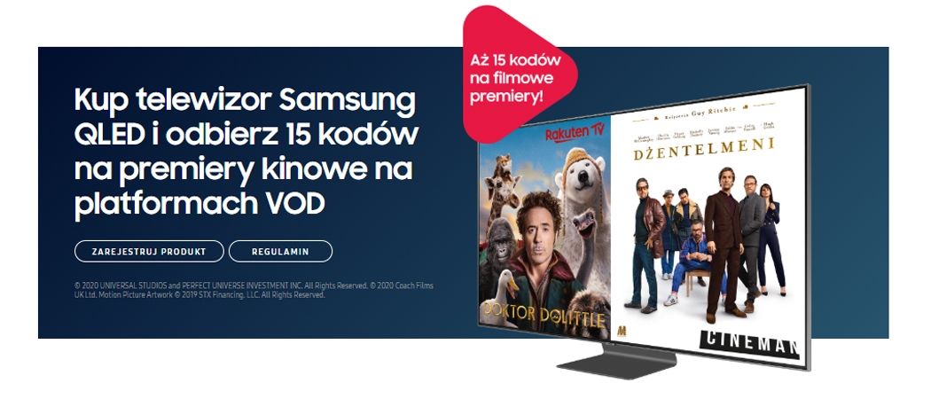 Promocja SAMSUNG - kup telewizor i odbierz 15 kod&oacute;w na premiery kinowe na platformach VOD!