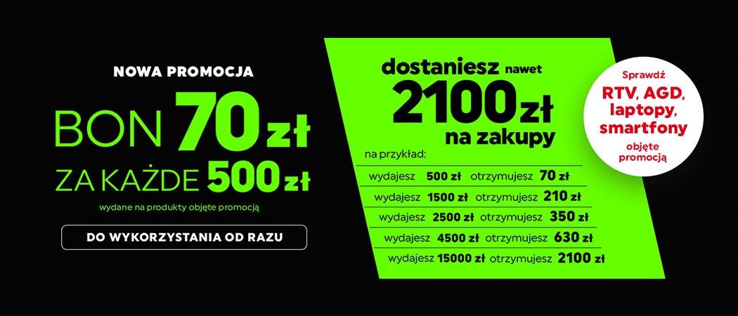 Promocja "70 zł za 500 zł" w Neonet - kup wybrany sprzęt i zyskaj bon o wartości 70 zł za każde wydane 500 zł!