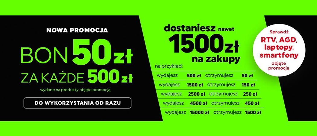 Promocja "50 zł za 500 zł" w Neonet - kup wybrany sprzęt i odbierz bon o wartości 50 zł za kazde wydane 500 zł!